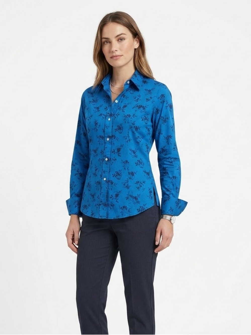 T.M. Lewin Women's Blue Floral Button-Down Shirt 100% Cotton Size 8 ProfessionaL